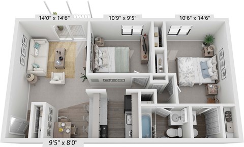 Floor plan for 2 beds, 1.5 baths, 750 sqft